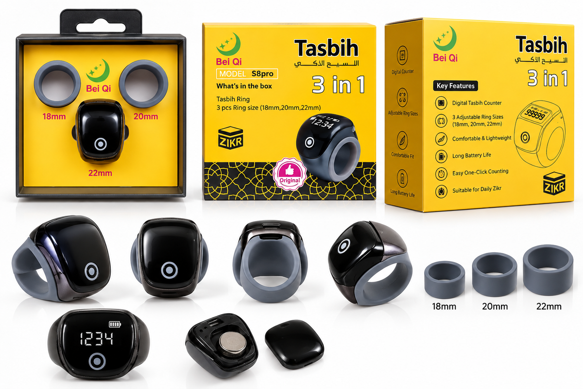 S8 Pro Smart Tasbih Ring | Mobile App bases for Android & iOS Both | ZiqrKart | 3-in-1 Adjustable Size Zikr Counter with Prayer Reminder