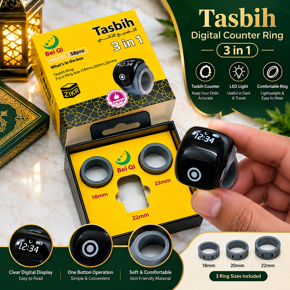 S8 Pro Smart Tasbih Ring | Mobile App bases for Android & iOS Both | ZiqrKart | 3-in-1 Adjustable Size Zikr Counter with Prayer Reminder