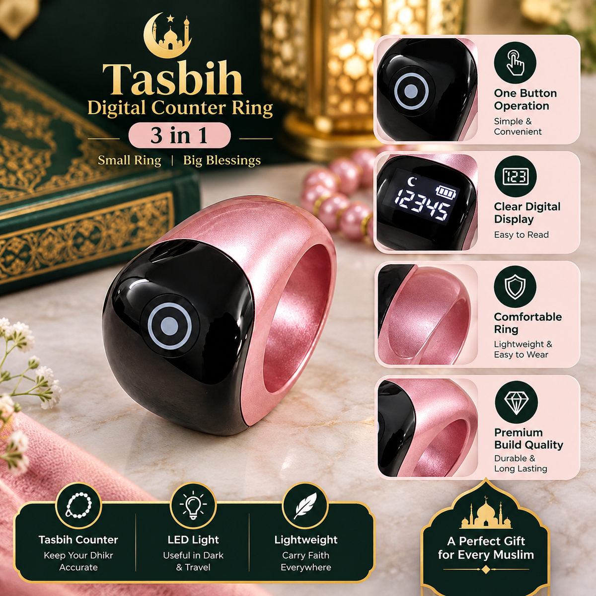 S8 Pro Smart Tasbih Ring | Mobile App bases for Android & iOS Both | ZiqrKart | 3-in-1 Adjustable Size Zikr Counter with Prayer Reminder